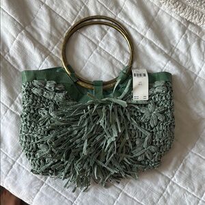 Anthropologie Green and Gold Tote with Metal Handles